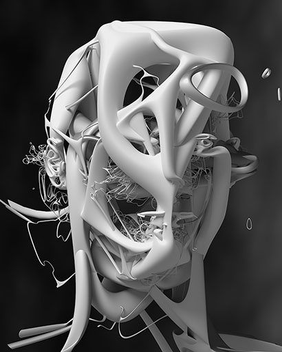 3D glitch geometric face, 8-bit grayscale image