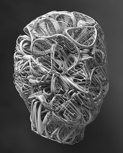 3D glitch geometric head, 8-bit grayscale image